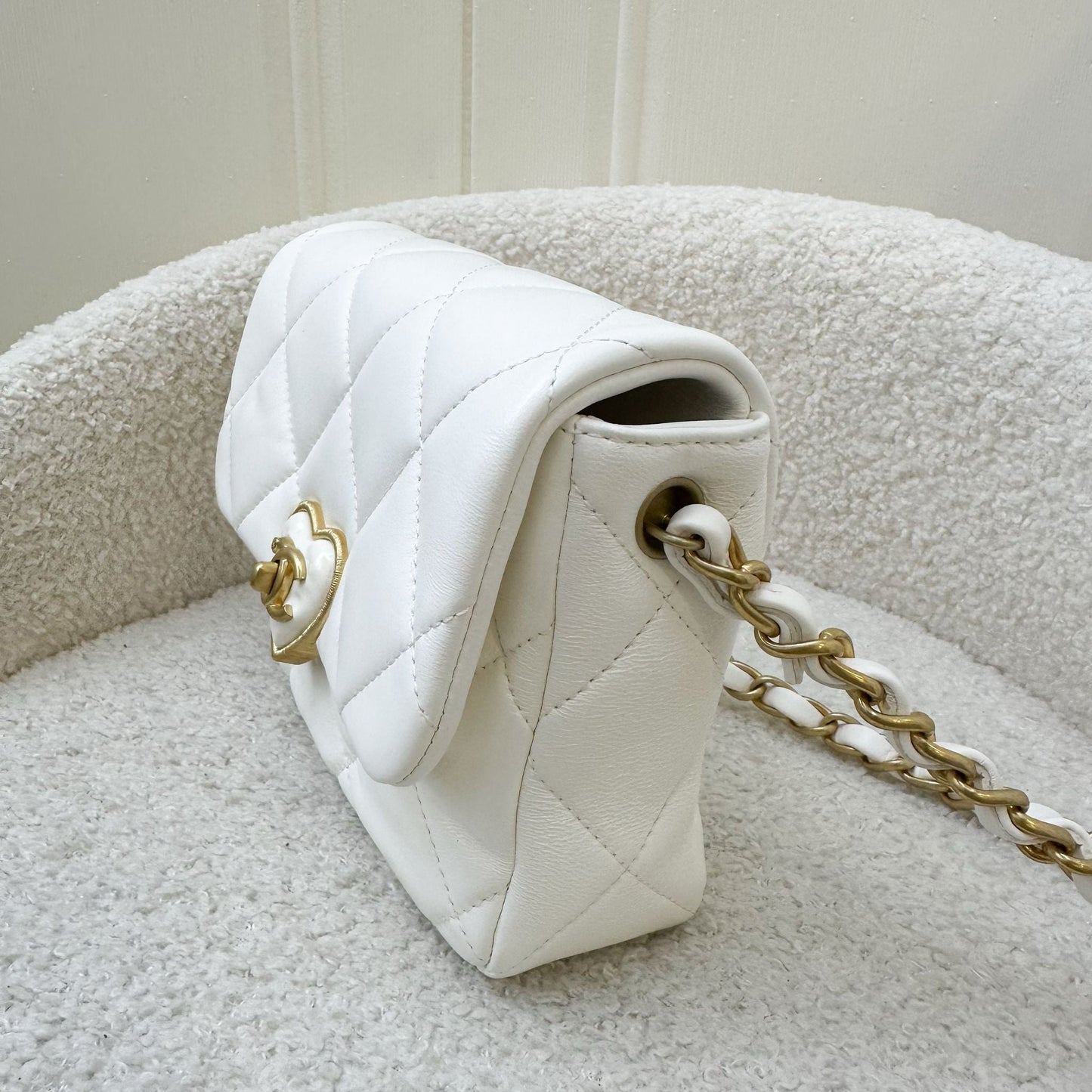 Chanel 23S Heart Clasp Mini Flap in White Lambskin and AGHW