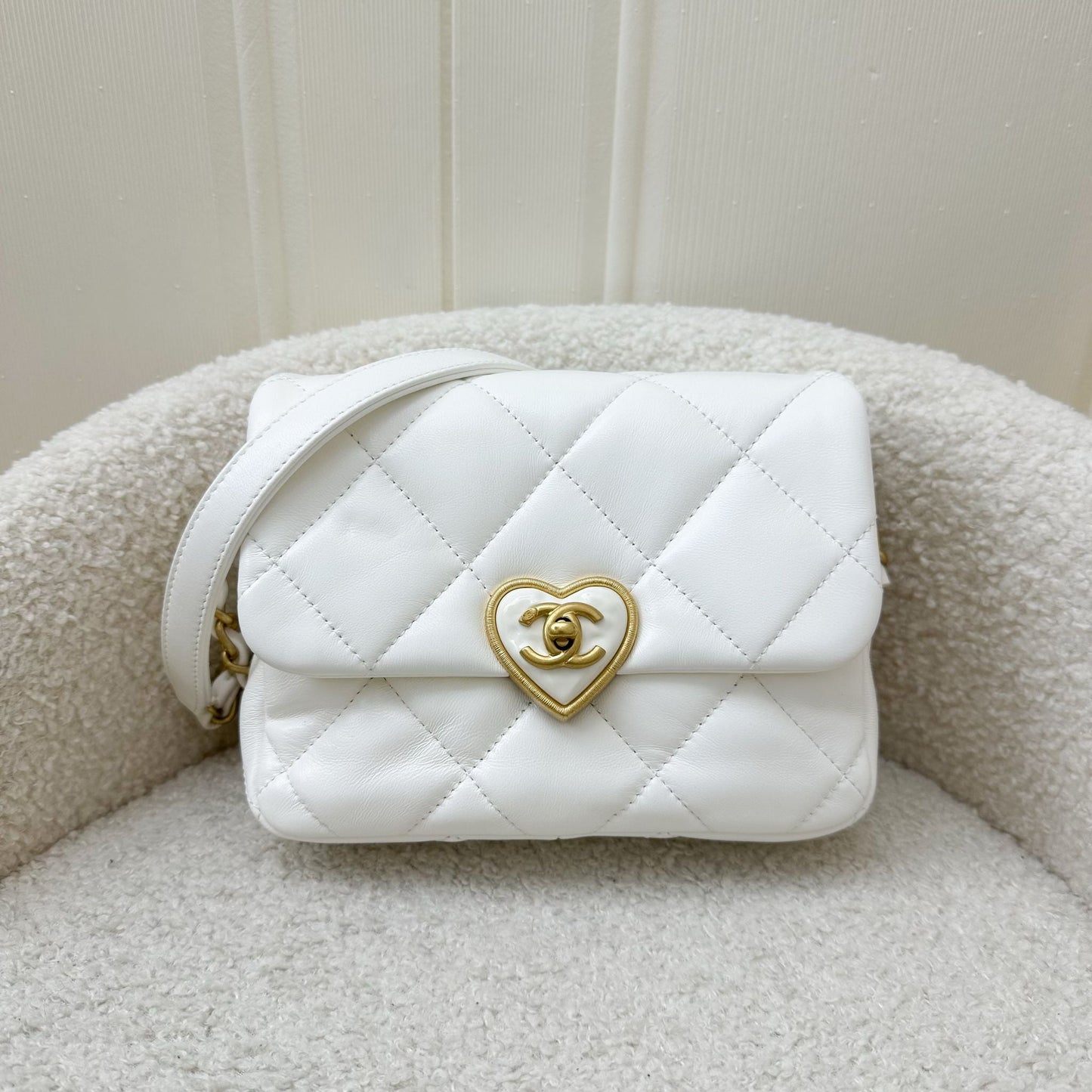 Chanel 23S Heart Clasp Mini Flap in White Lambskin and AGHW