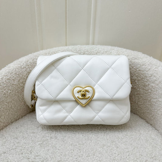 Chanel 23S Heart Clasp Mini Flap in White Lambskin and AGHW