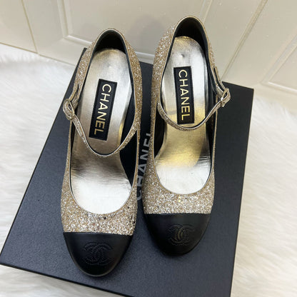 Chanel Platform Heels with Gold Glitter and Black Leather