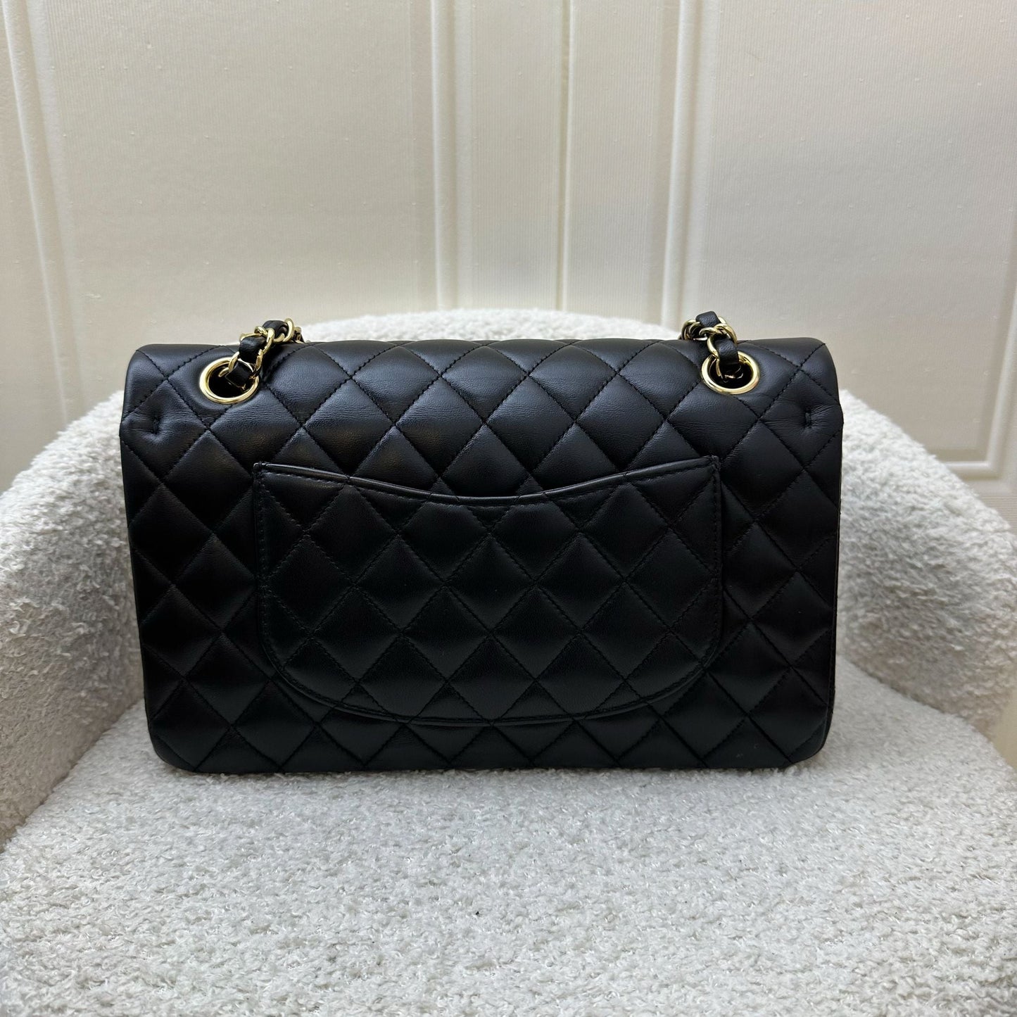 Chanel Medium Classic Flap CF in Black Lambskin and GHW (Model: A01112)