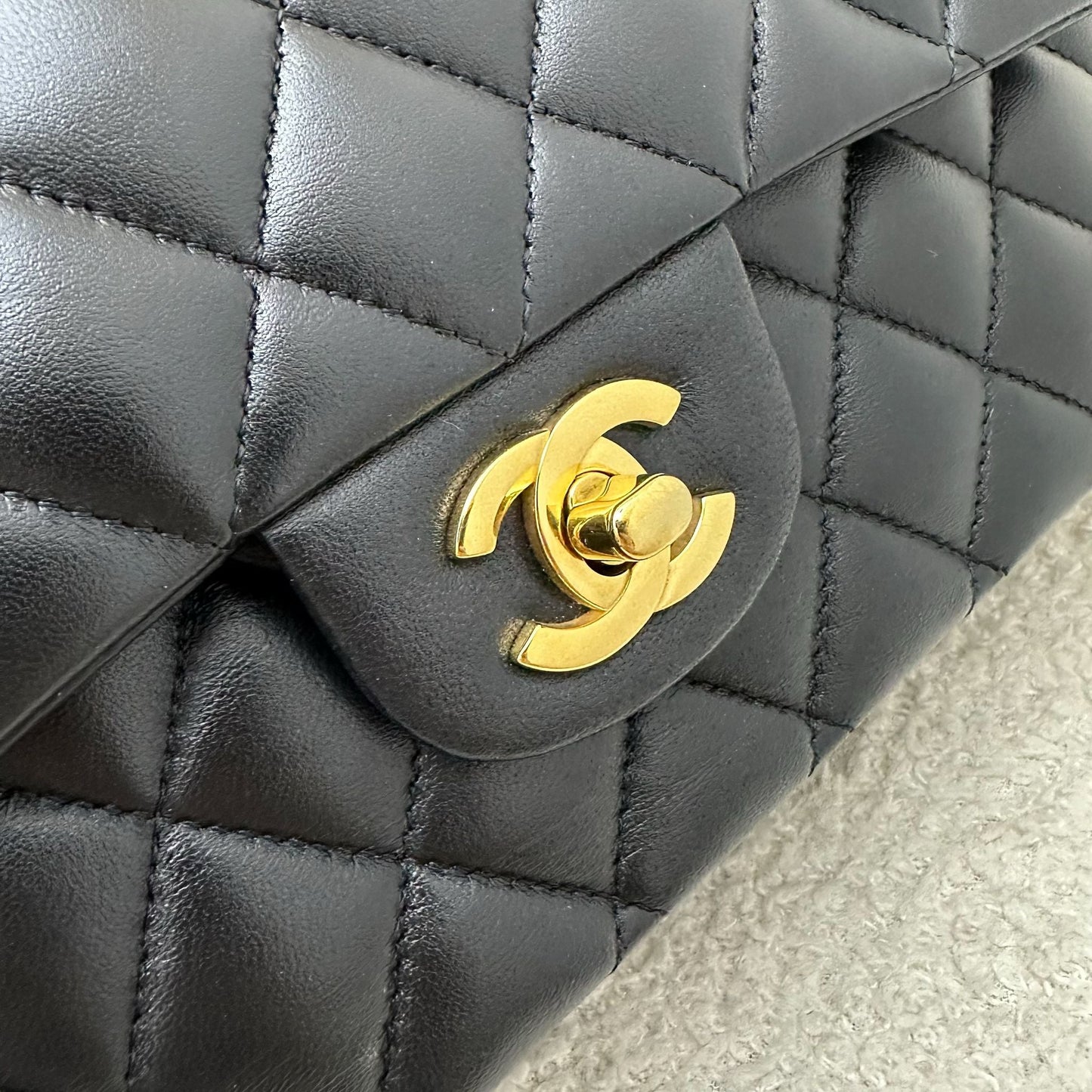 Chanel Medium Classic Flap CF in Black Lambskin and GHW (Model: A01112)