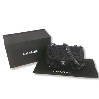 Chanel Classic Single Flap Small Black Sequins Silver