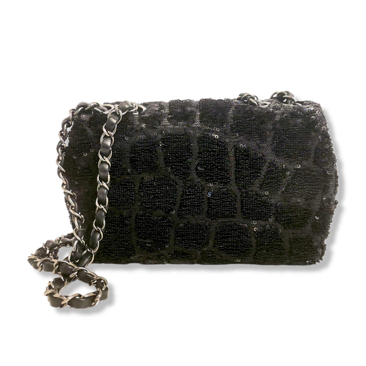 Chanel Classic Single Flap Small Black Sequins Silver
