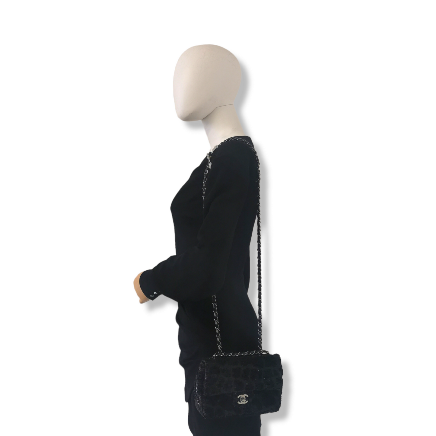 Chanel Classic Single Flap Small Black Sequins Silver