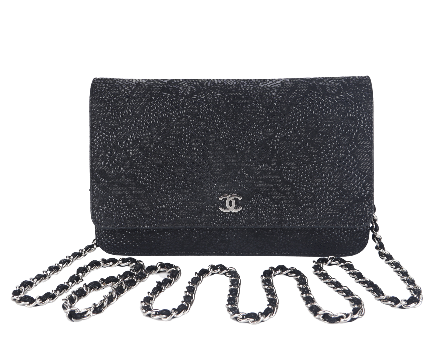 CHANEL W.O.C FLOWER LACE (1895xxxx) BLACK EMBOSSED GOATSKIN SILVER HARDWARE NO DUST COVER