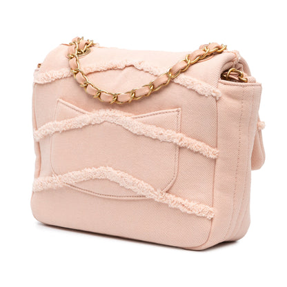 Pink Chanel Small Chevron Denim Fringe Coco Flap Crossbody Bag
