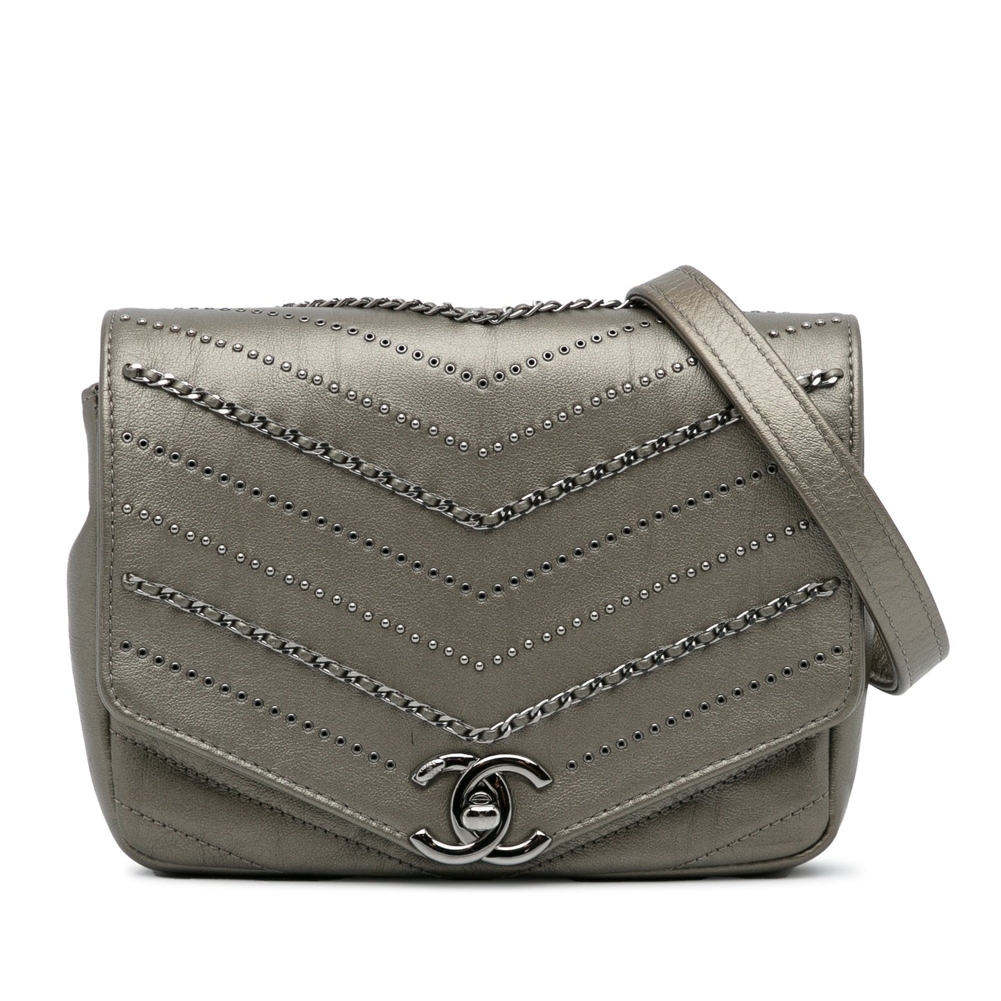 Gray Chanel Mini Embellished Calfskin Chevron Square Envelop Flap Crossbody Bag