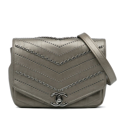 Gray Chanel Mini Embellished Calfskin Chevron Square Envelop Flap Crossbody Bag