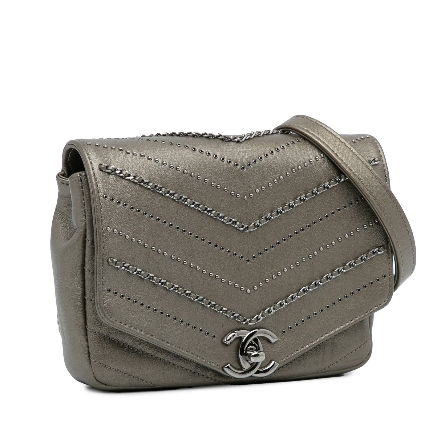Gray Chanel Mini Embellished Calfskin Chevron Square Envelop Flap Crossbody Bag
