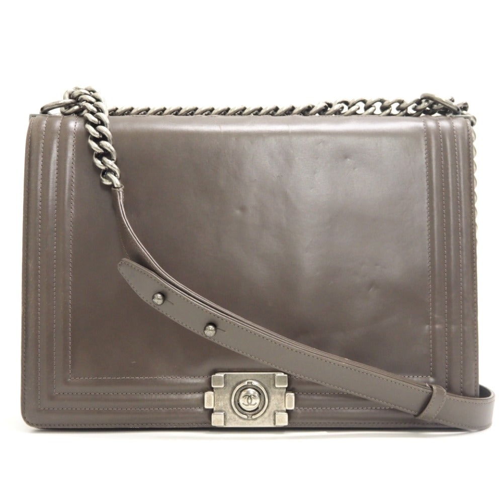 CHANEL Shoulder Bag leather gray ChainShoulder COCO Mark Boy chanel Women Used