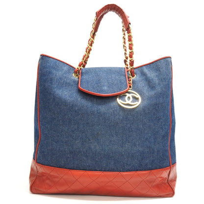 CHANEL Tote Bag Denim, Leather Navy ChainTote Bag COCO Mark Matrasse Women Used