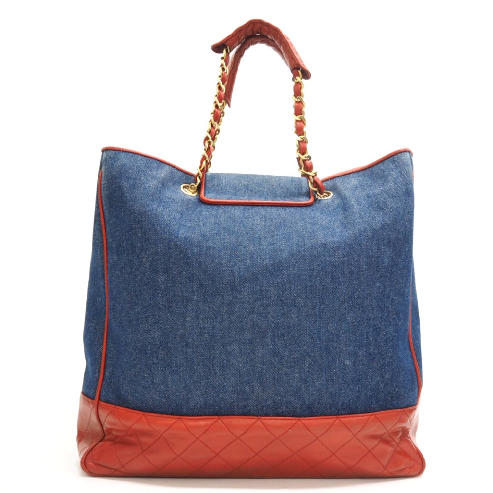 CHANEL Tote Bag Denim, Leather Navy ChainTote Bag COCO Mark Matrasse Women Used