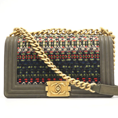 CHANEL Shoulder Bag Leather, Tweed khaki COCO Mark Boy Chanel