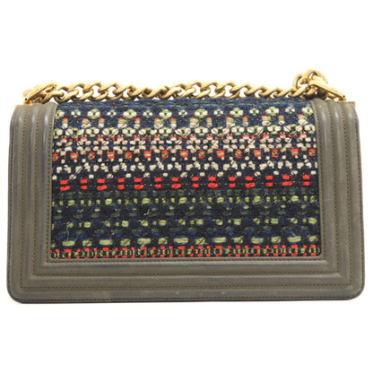CHANEL Shoulder Bag Leather, Tweed khaki COCO Mark Boy Chanel