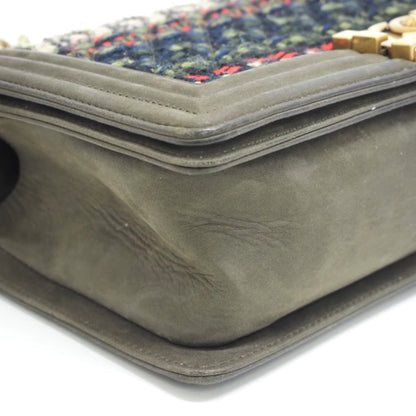 CHANEL Shoulder Bag Leather, Tweed khaki COCO Mark Boy Chanel