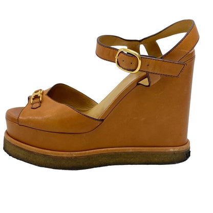 CELINE Sandals leather Brown Wedge sole Triomphe Women 38 Secondhand