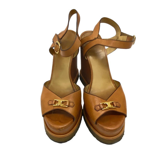 CELINE Sandals leather Brown Wedge sole Triomphe Women 38 Secondhand