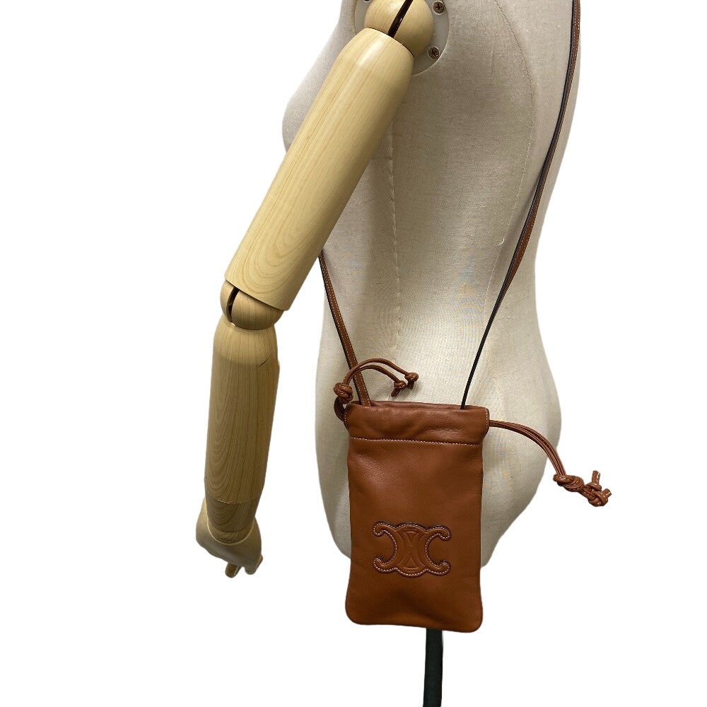 CELINE Mobile phones and smartphone accessories leather Brown phone pouch Triomphe Drawstring Women Used