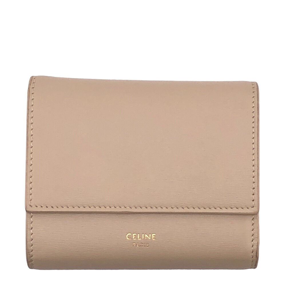 CELINE Tri-fold wallet leather beige Compact wallet Small trifold Women Used