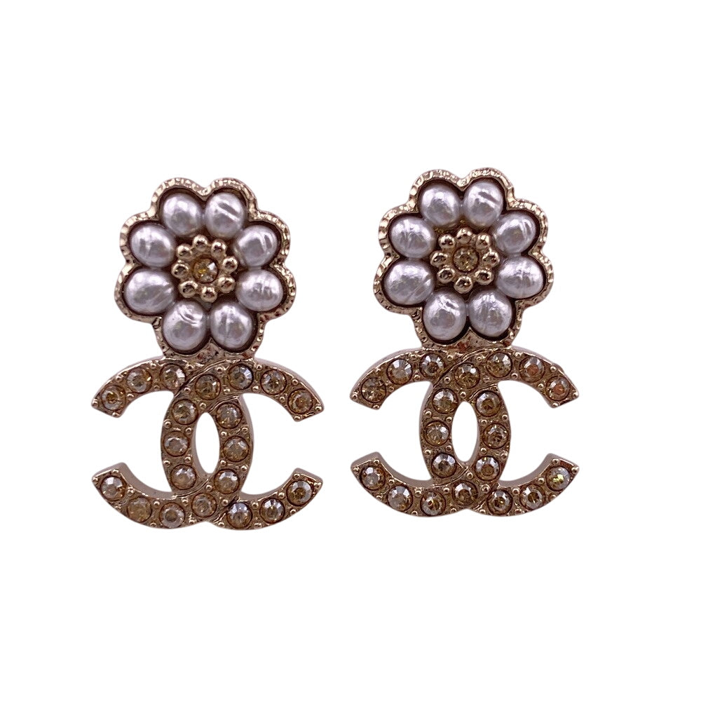 CHANEL Pierce B22K Rhinestones , Faux Pearls gold COCO Mark