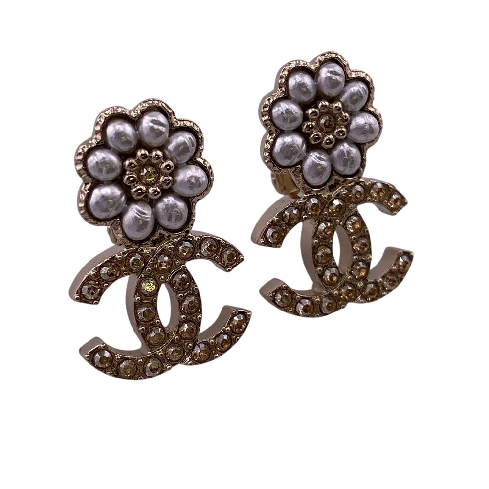 CHANEL Pierce B22K Rhinestones , Faux Pearls gold COCO Mark