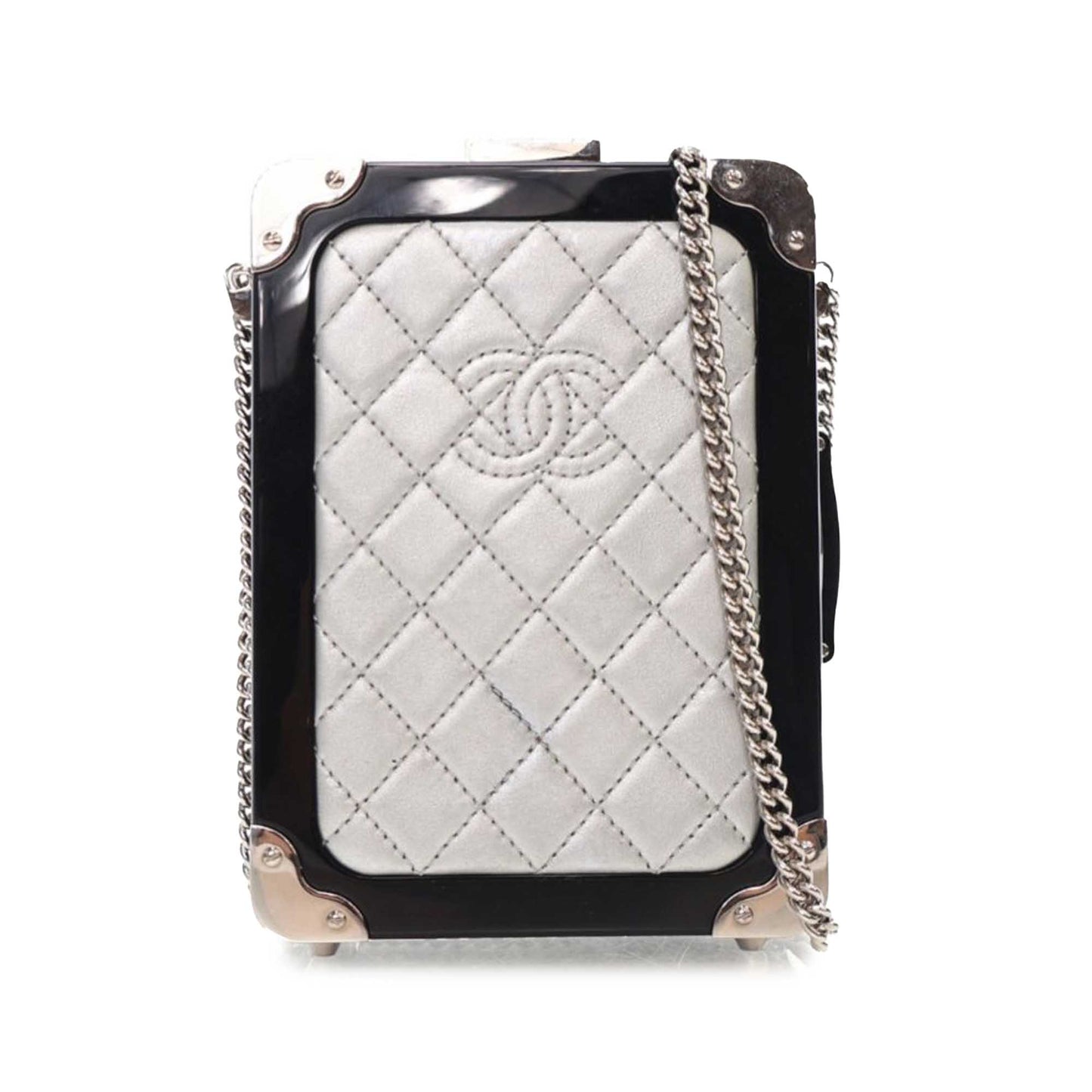 Silver Chanel Acrylic and Lambskin Evening In The Air CC Trolley Minaudiere Clutch on Chain Crossbody Bag