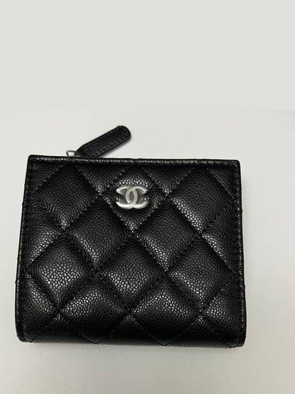 Calfskin Plain Folding Wallet Logo Folding Wallets Black Chanel