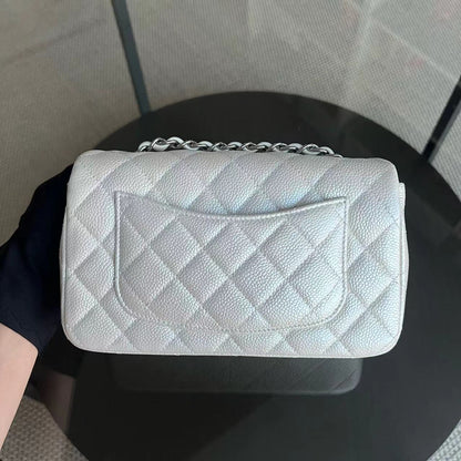 *Un* Caviar Mini Rectangle Classic Flap Quilted Iridescent Pearl White Silver Hardware Series 20