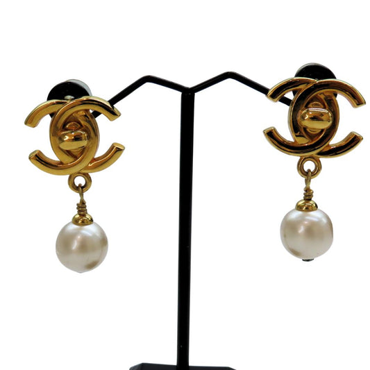 Chanel Gold Plated Faux Pearl Coco Mark Vintage Earrings