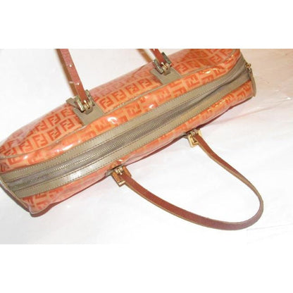Fendi Limited Edition East To West Style Purses Orange F Logo Printtaupe Coated Canvas And Leather S