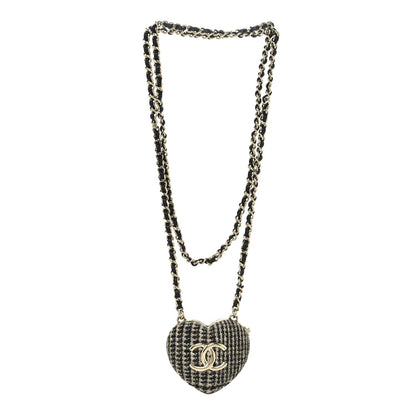 Tweed Lambskin CC Heart Locket Necklace Gold Black Beige