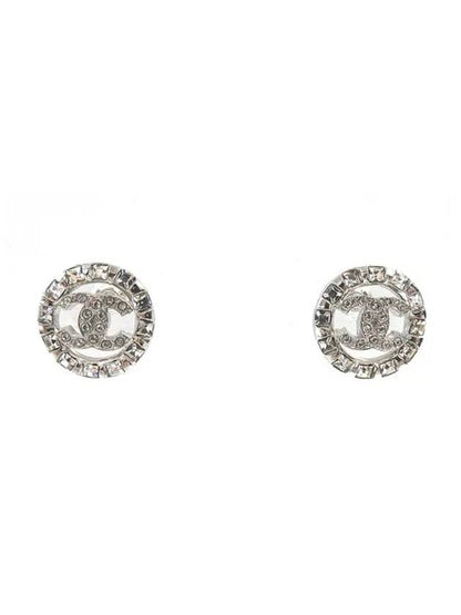CC Logo Round Crystal Earrings Silver Chanel