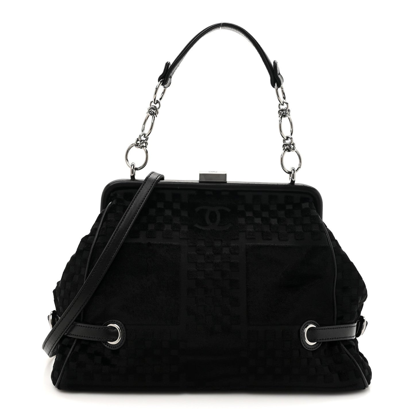Velvet Checkered Kiss Lock Shoulder Bag Black