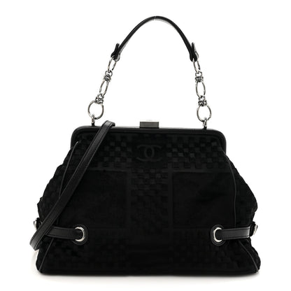 Velvet Checkered Kiss Lock Shoulder Bag Black
