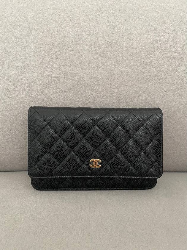 Classic Wallet On Chain Crossbody Bag Grained Calfskin Gold Black Chanel
