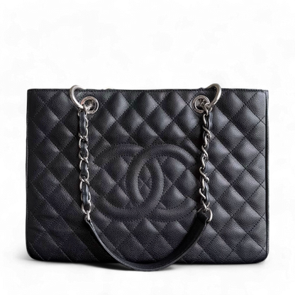 Chanel GST Grand Shopping Tote - Caivar Quilted Black Silver Hardware
