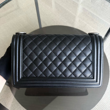 Chanel Boy Medium - Grained Calfskin 25CM Quilted Black Ruthenium Silver Hardware Series 23