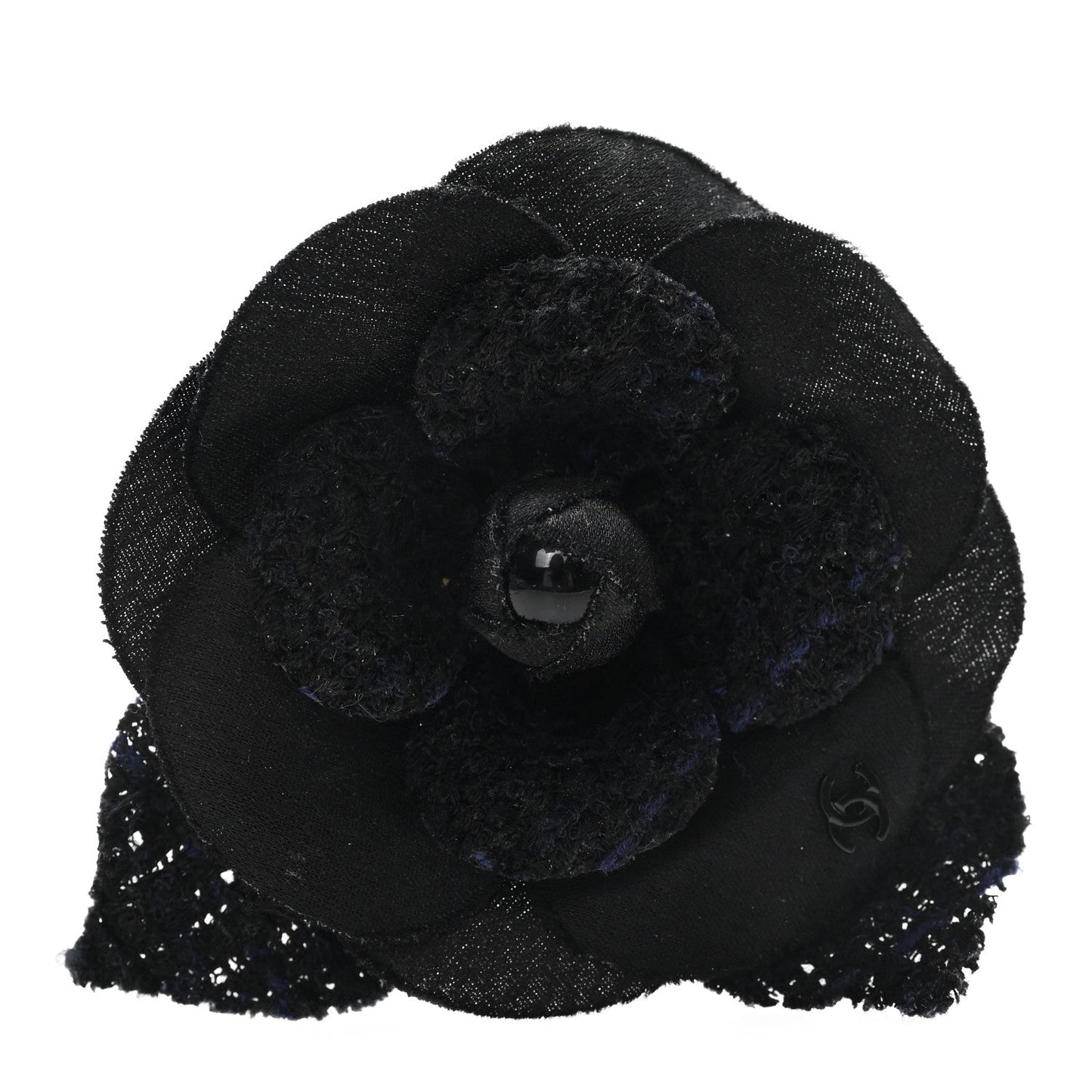 Tweed Fabric Camellia Pin Brooch Navy Blue Black