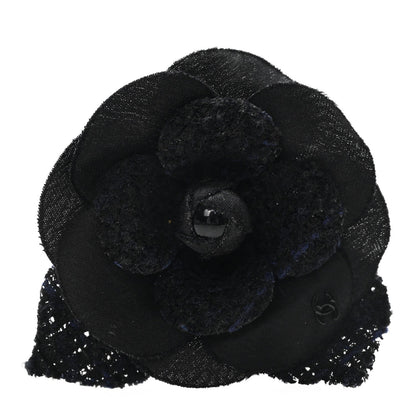 Tweed Fabric Camellia Pin Brooch Navy Blue Black