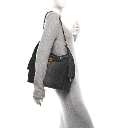Washed Denim Quilted Medium Chanel 25 Handbag Black