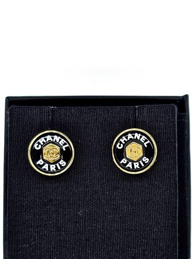 Logo Button Stud Earrings Gold Black Chanel