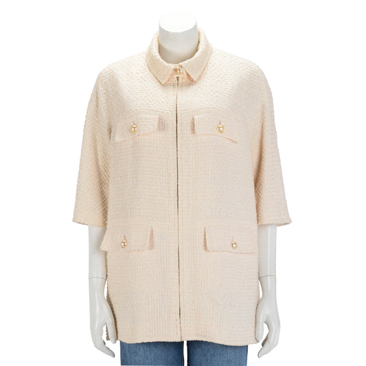Chanel Cream Cotton Pearl Button Zip Up Jacket