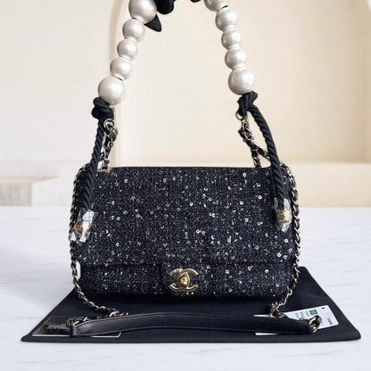 Chanel Classic Seasonal Flap Medium - Tweed Pearl Chain Black Gold Hardware Series 27