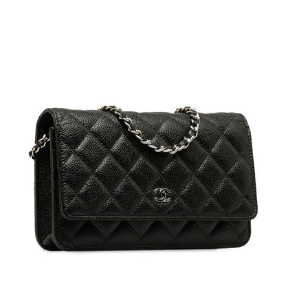 Chanel Matrases Coco  Chain Shoulder Wallet Black Caviar S  CHANEL