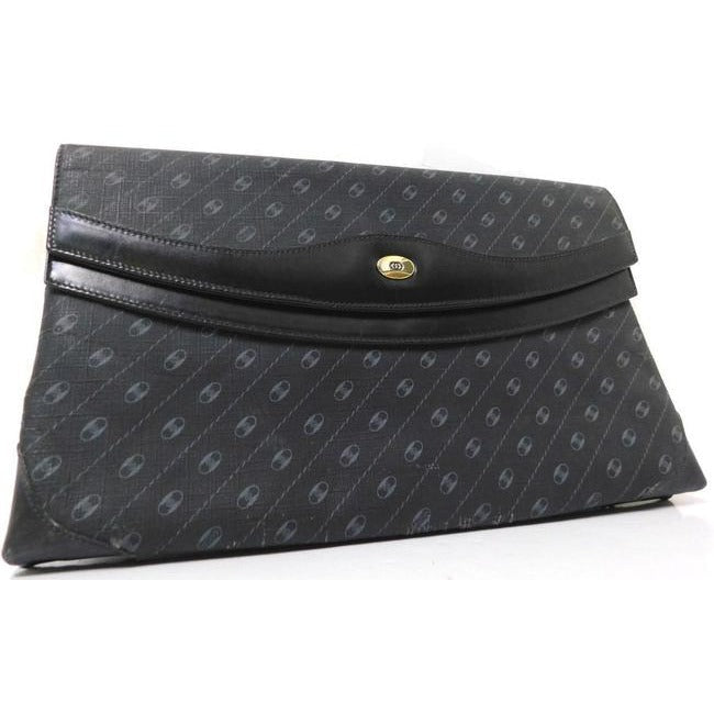 ON SALE! Gucci Vintage Purses Grey Diagonal Oval Logo Print On Black Coated Canvas And Leather