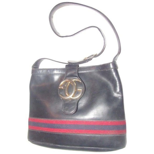 RARE, vintage Gucci, black leather, satchel style, bucket bag with blue and red stripe