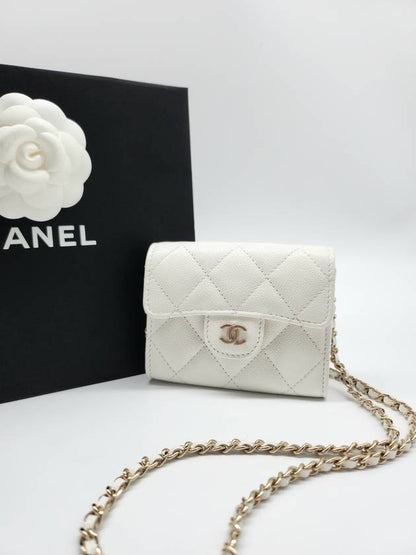 Classic Gold Hardware Calfskin Chain Half Wallet White Chanel