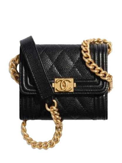 Boy Flap Chain Grained Calfskin Coin Case Gold Black Chanel