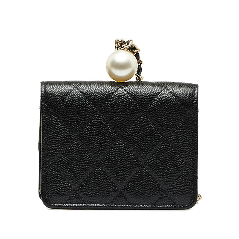 Chanel Matrases Cocomark Fake Pearl Chain CoinPars Card Case Black Caviar   CHANEL